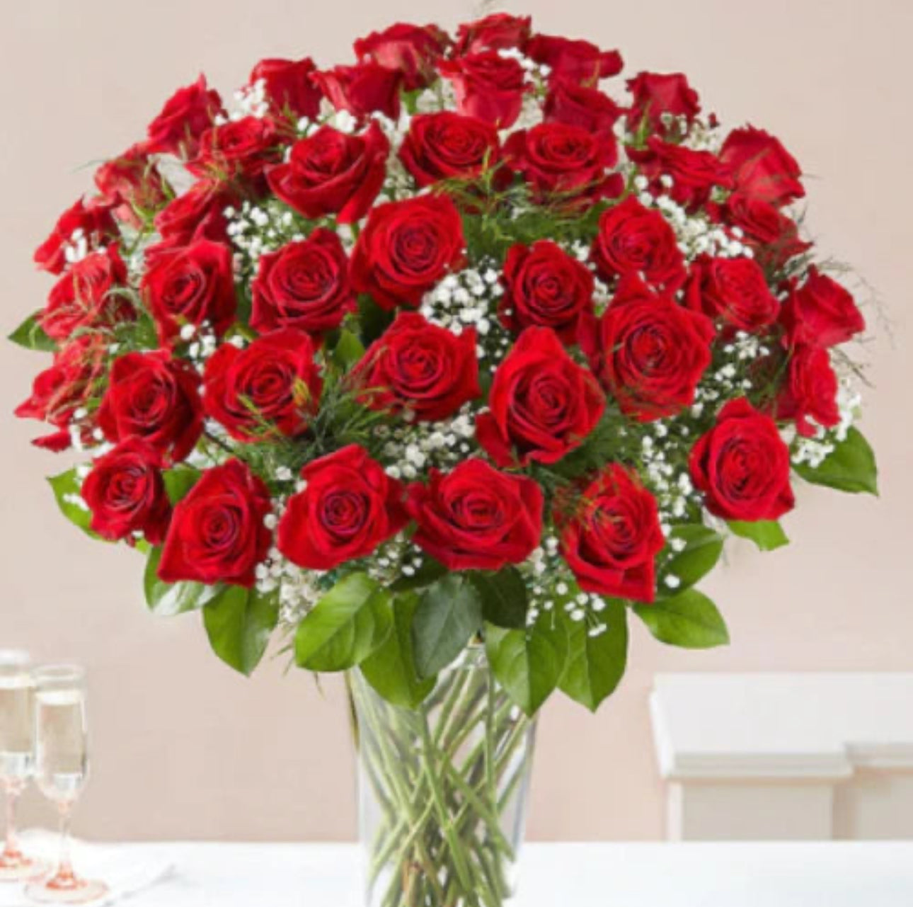 50 Red Roses with Baby s Breath