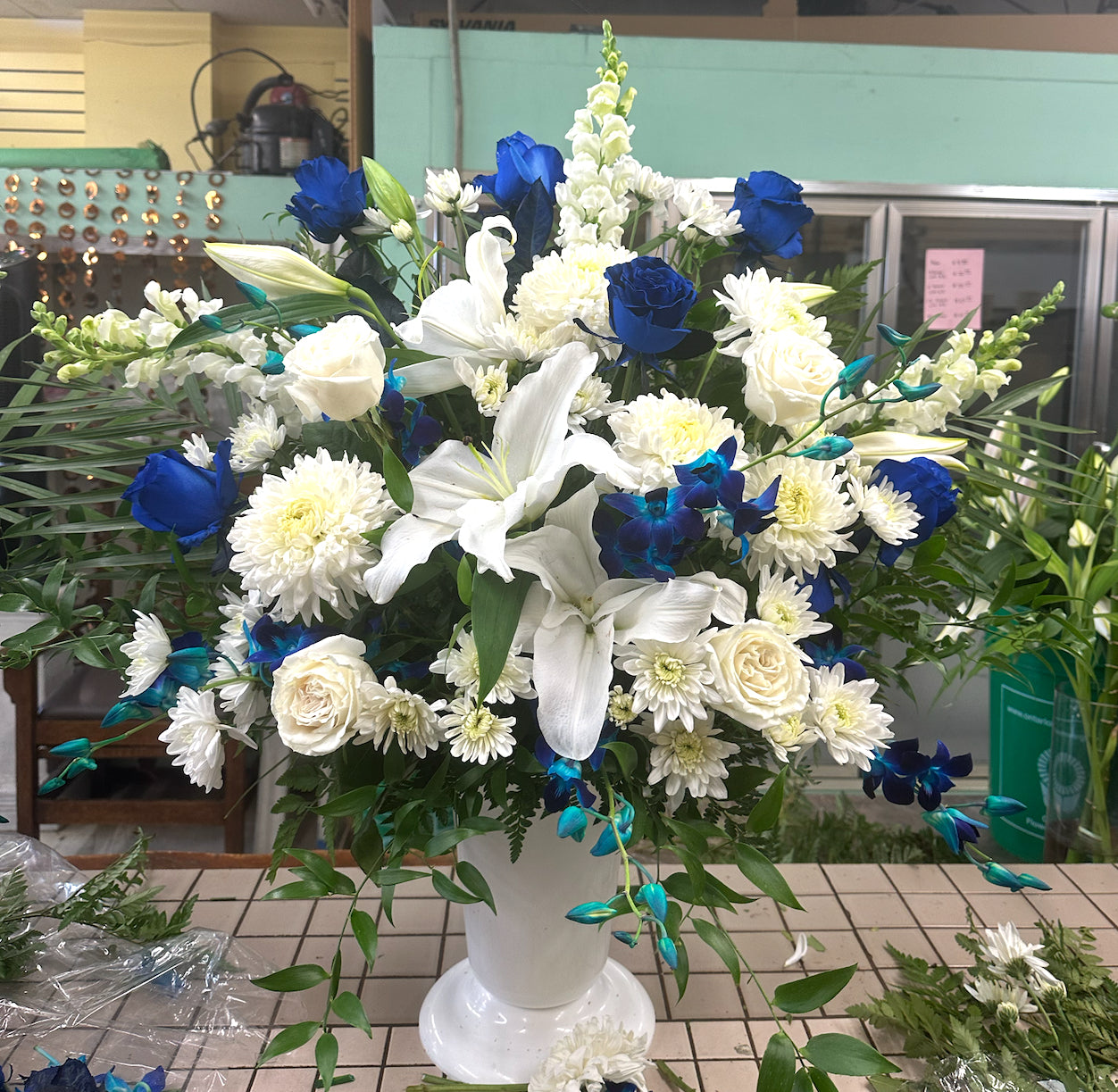 Blue and White Sympathy Arrangement