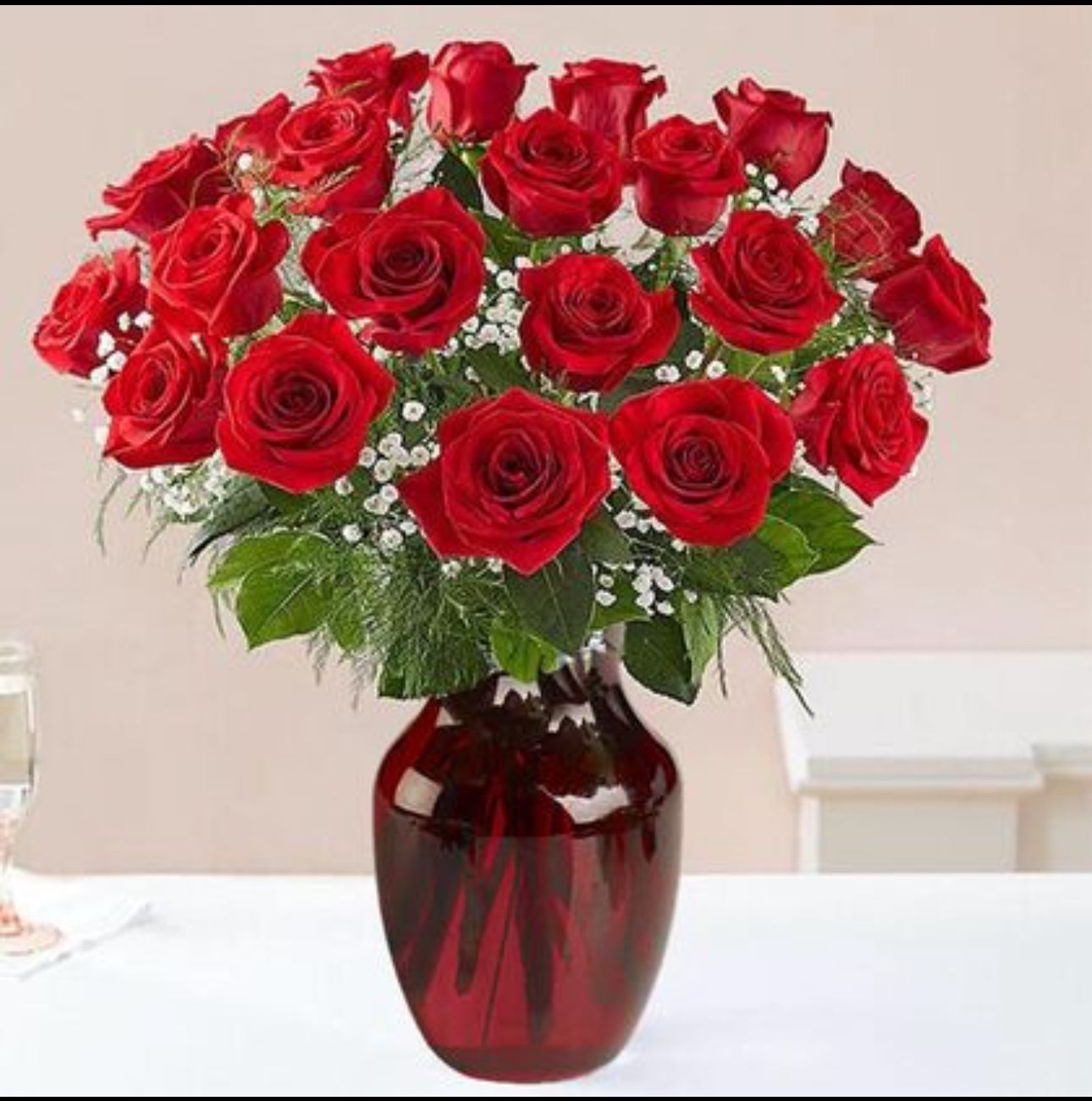 24 Red Roses with baby s breath